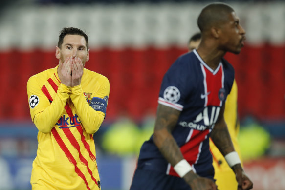 Lionel Messi reacts after missing a penalty in Barcelona’s Champions League draw with Paris Saint-Germain.
