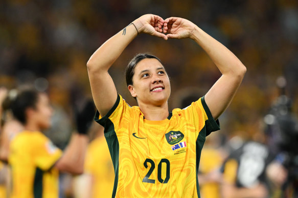 Sam Kerr sends some love to the crowd after Australia’s win.