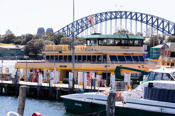 The Fairlight ferry is tied up at the Balmain shipyards on Sunday after suffering another steering failure.