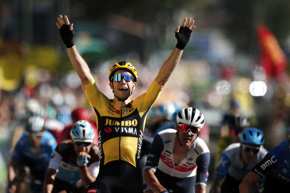 Wout van Aert celebrates his win in stage seven.