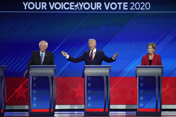 Bernie Sanders, Joe Biden, and Elizabeth Warren during a Democratic presidential primary debate in 2019.