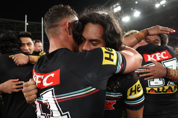 Jarome Luai celebrates the Panthers’ grand final win with Scott Sorensen.