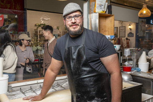 Head chef at Agathe Patisserie in South Melbourne market, Miguel Roqueni, preparing dough for the day’s pastries.