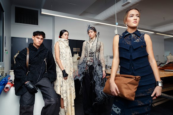 The work of emerging designers Emily Misaki Hon, Daisy-Rose Cooper, Shiva Yousefpour and Eidan Ceilidh will be featured in a rogue runway show before Australian Fashion Week. Models (from left to right) Jayden Hunter, Ava Rose Peterson, Scarlett Mandic, and Francesca Scott.