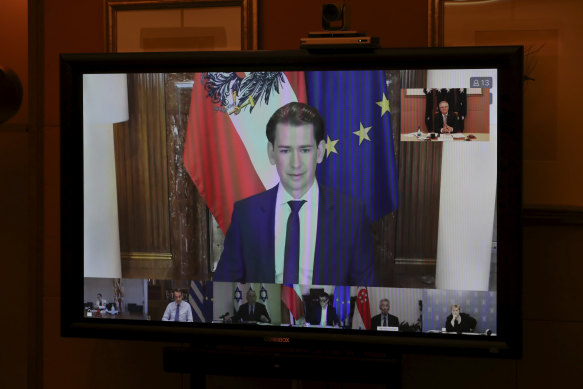 Austrian Chancellor Sebastian Kurz during a meeting of the First Movers group comprised of world leaders including Prime Minister Scott Morrison.