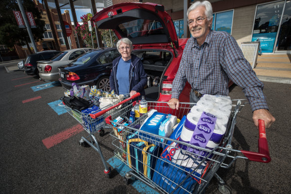 John, 82, and Corinne, 78, Upsher have doubled up on some of their shopping in preparation for the arrival of coronavirus. Pictured here in Flemington.