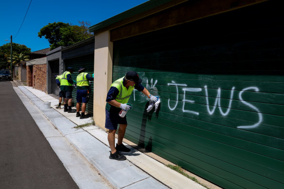 Randwick council cleaners remove antisemitic graffiti from a home in Sydney’s eastern suburbs.