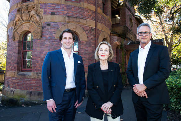 City of Sydney councillor Lyndon Gannon, Ita Buttrose and Greg Fisher outside the former Darlinghurst police station in May.