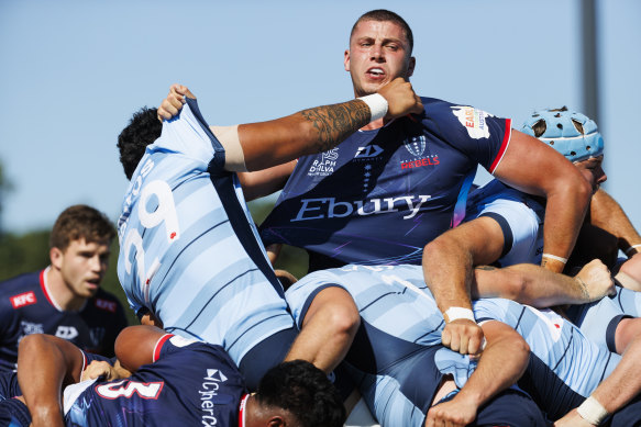 Melbourne Rebels lock Josh Canham is caught in a maul against NSW Waratahs.