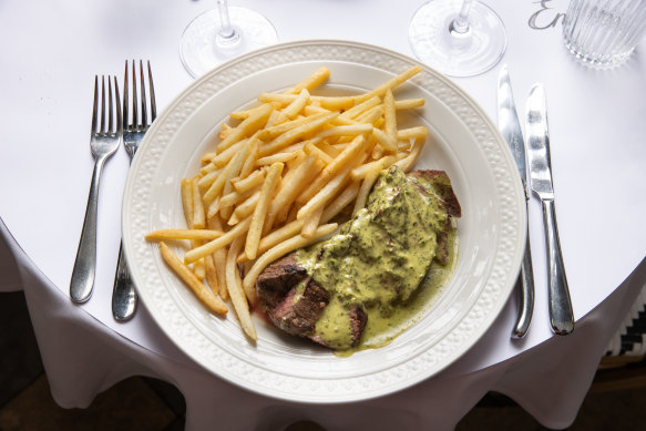 Entrecote’s classic steak frites with secret herb sauce.