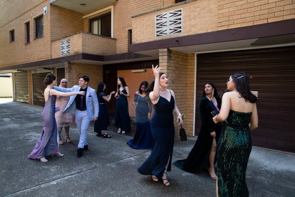 Mercoria Farhoud and her friends from St George Girls High School leave her apartment in Penshurst.