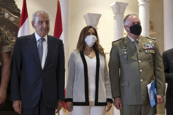 Lebanese Parliament Speaker Nabih Berri (left), the Head of Mission and Force Commander of the United Nations Interim Force in Lebanon (UNIFIL), Major-General Stefano Del Col from Italy (right) and Lebanese outgoing Defence Minister Zeina Akar at a news conference announcing the talks in Beirut.