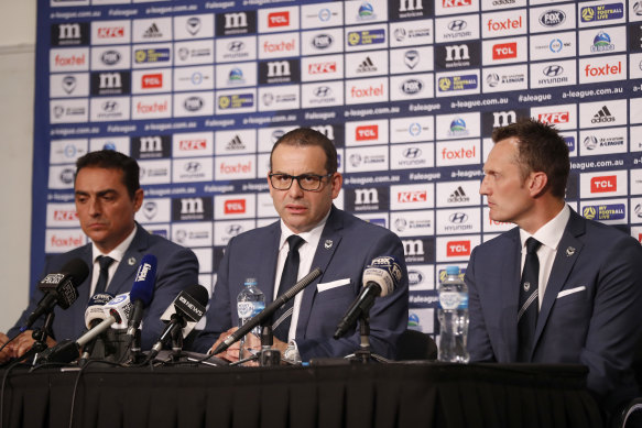 Salvachua, chairman Anthony Di Pietro and CEO Trent Jacobs front the media on Wednesday.