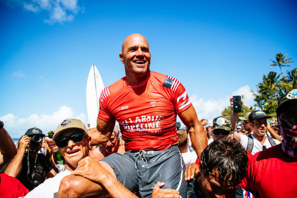 Kelly Slater celebrates his 2022 Pipeline Pro victory, a week short of his 50th birthday.