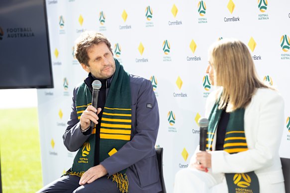 Matildas Coach Joe Montemurro with Football Australia interim CEO Heather Garriock on Thursday.