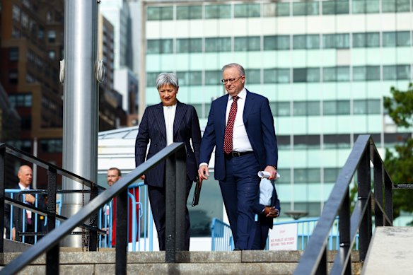 Prime Minister Anthony Albanese and Foreign Minister Penny Wong in New York on Sunday.