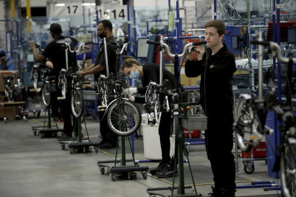 Brompton folding bicycles are assembled by hand in London. 