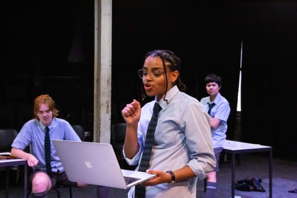 Leigh Lule as David in Trophy Boys, a show set around an all-boys debating team preparing to argue the case against feminism.