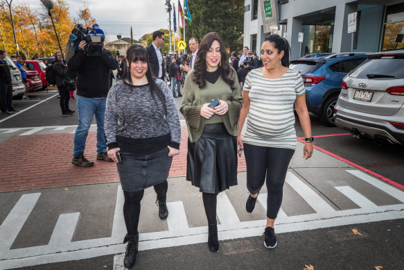 Elly Sapper, Dassi Erlich and Nicole Meyer arrive at a press conference after the news that an extradition hearing date has been set for alleged sexual abuser Malka Leifer.