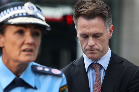 NSW Police Commissioner Karen Webb addresses the media, while NSW Premier Chris Minns watches on.