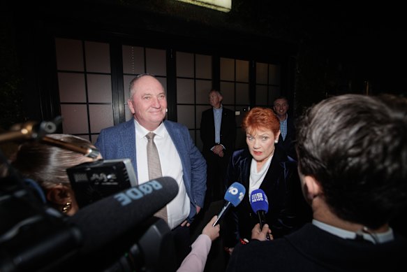 Hanson and Barnaby Joyce outside the reserve venue on Friday night.