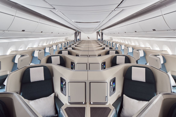 Business class seats on board Cathay Pacific’s Airbus A350 are in a 1-2-1 configuration.