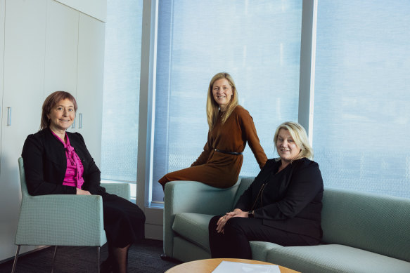 Workplace Safety Minister Ingrid Stitt (right) in 2021 announced a ministerial taskforce into workplace sexual harassment, which was co-chaired by Liberty Sanger (centre) and Thomastown MP Bronwyn Halfpenny.