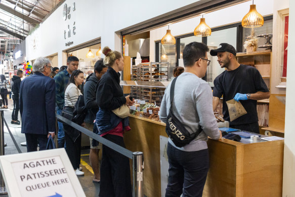 Queues for pastries at Agathe Patisserie at the South Melbourne Market are nightclub style.  