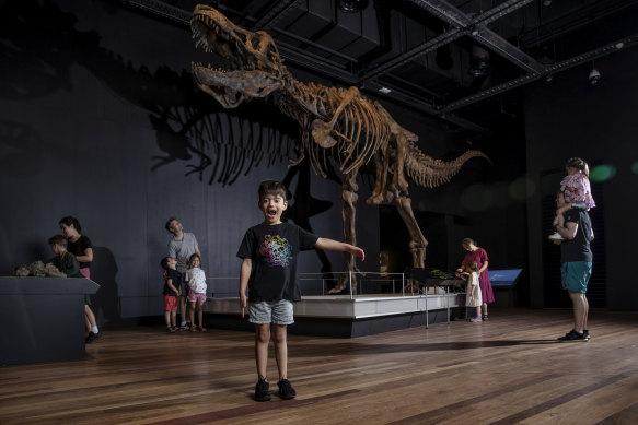 Archie Levins, 6, attended the Tyrannosaur - Meet the Family exhibit with his dad, Andrew (right) and sister. 