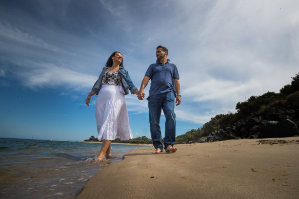 Joanne and Jean-Christophe Tomasi on the beach in Inverloch where they have now settled. 