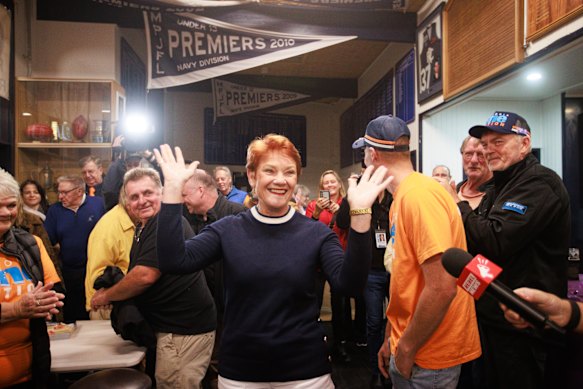 Pauline Hanson arrives at a One Nation meeting in Rosebud on Friday night. 