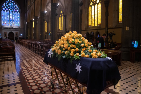 Bert Newton’s casket inside St Patrick’s Cathedral. 