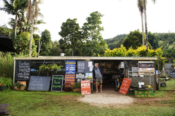 Owner of Buck’s Farm, Gerard ‘Buck’ Buchanan stands outside his shop on the farm at Chillingham in northern NSW.