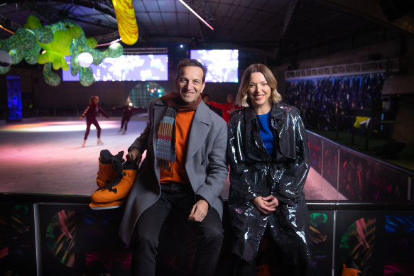 Rising artistic directors Hannah Fox and Gideon Obarzanek at the ice rink on the Sidney Myer Music Bowl, part of The Wilds.