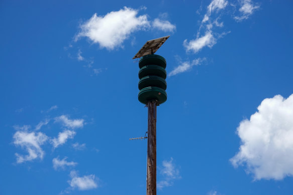 A warning siren survives the fire that ravaged Lahaina on the island of Maui in Hawaii.