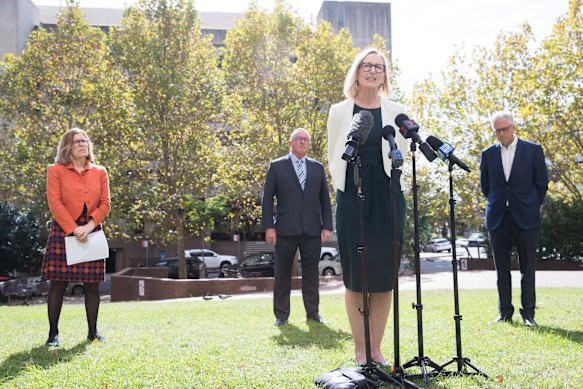 NSW Health Chief Health Officer Dr Kerry Chant, Health Minister Brad Hazzard, Professor Kristine Macartney and NSW Department of Education secretary Mark Scott.