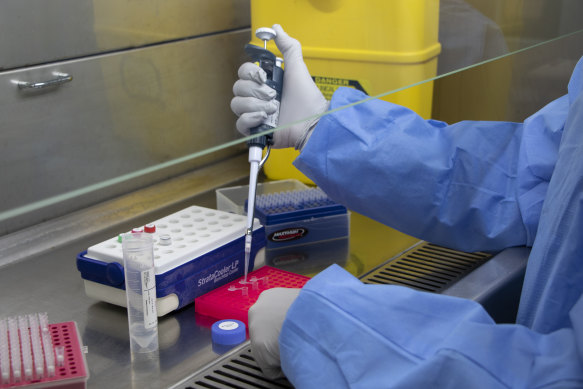 The Omicron-like variant was detected in a returned traveller last weekend. Here, a scientist at Queensland Health’s Queensland Public Health and Infectious diseases REference (Q-PHIRE) Genomics lab prepares a sample for sequencing