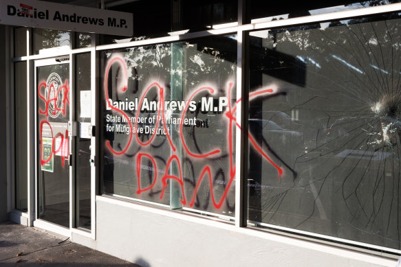 Daniel Andrews' electoral office in Noble Park, in Melbourne's south-east, was vandalised on Friday. 