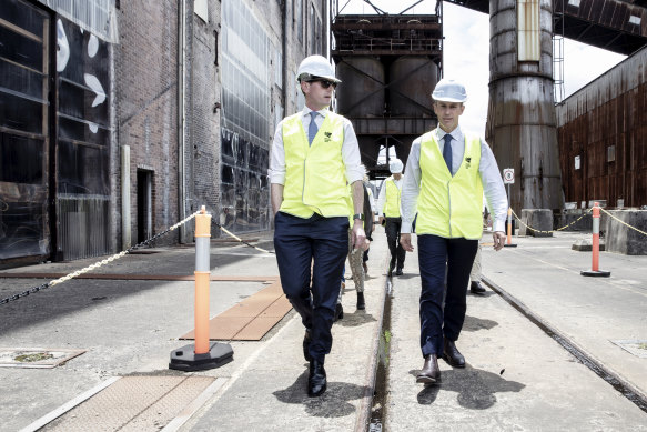 Treasurer Dominic Perrottet and Planning Minister Rob Stokes take a tour of the White Bay Power Station in Rozelle in November.