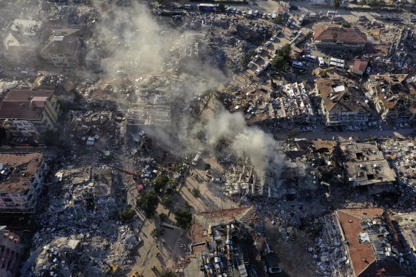 In this drone photo, destroyed buildings are seen from above in Antakya, south-eastern Turkey.