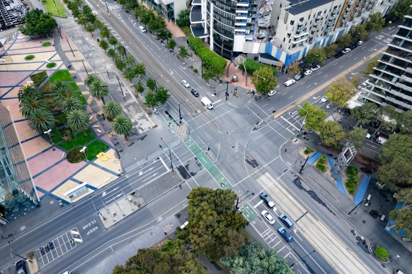 Large trucks will have to turn into the path of crossing pedestrians and cyclists at the corner of Harbour Esplanade and Bourke Street.