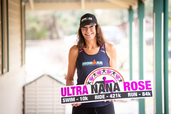 Ultra Nana Rose: Rose Spicer at her Porepunkah house with a sign made for her entry in the 2021 Noosa Ultraman in May.