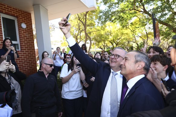 Prime Minister Anthony Albanese and Premier Roger Cook during an event a Mt Lawley Senior High School in Perth on Tuesday.