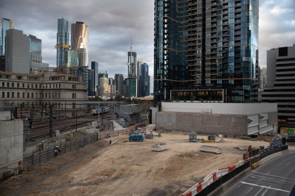 The deserted construction site of the Melbourne Quarter project on Collins Street on Monday.
