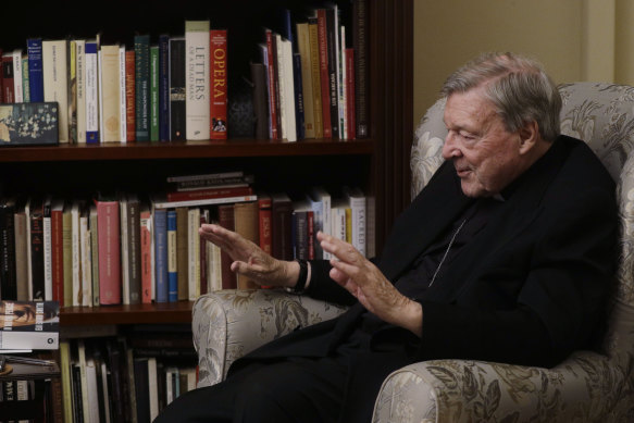 Cardinal George Pell answers a question during an interview with the Associated Press inside his residence near the Vatican in Rome in November.