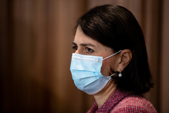 NSW Premier Gladys Berejiklian at a media conference, on a day that she announced a record high number of Covid-19 cases during Sydney’s extended lockdown back on July 29.