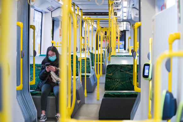 A lone passenger on a Melbourne tram.