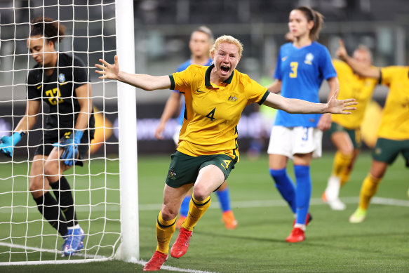 Clare Polkinghorne opens the scoring against Brazil.