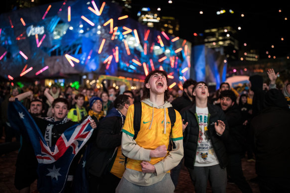 Fans watch the Matildas beat Ireland in Federation Square.
