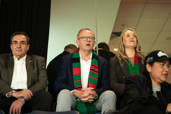 Prime Minister Anthony Albanese watching the South Sydney Rabbitohs v the Wests Tigers game in April.